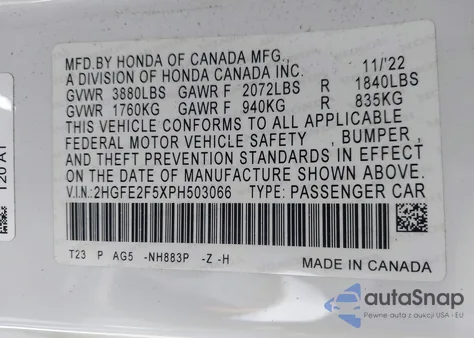 2023 Honda Civic Sport from USA, damaged, VIN 2HGFE2F5XPH503066